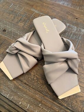Qupid Taupe Knotted Slide Sandals with Gold Trim